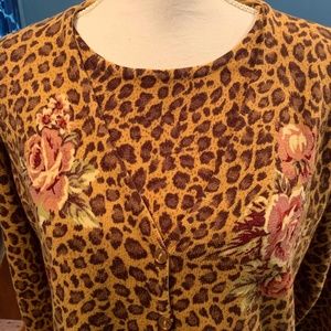 Camel Brown Rose Animal Print Button Front Sweater